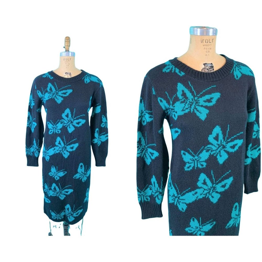 Vintage 1980s Sweater Dress Turquoise Butterfly Knit | B 38"